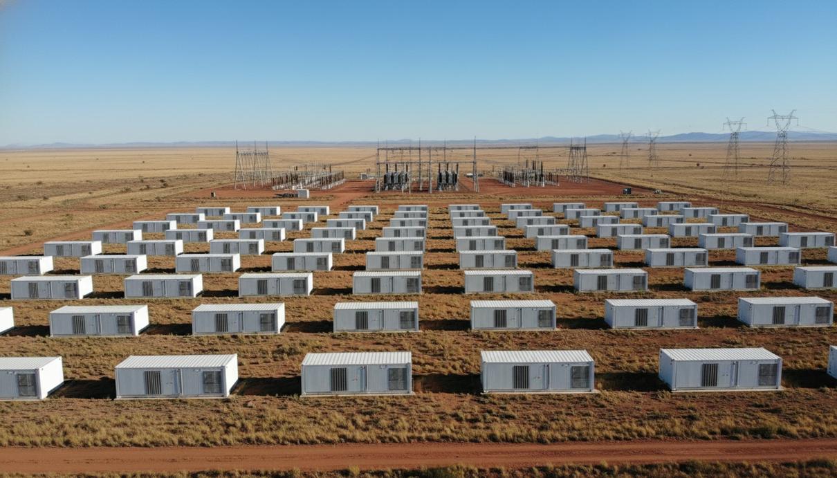 Ряды белых контейнеров промышленной системы накопления энергии и электрическая подстанция в ЮАР.