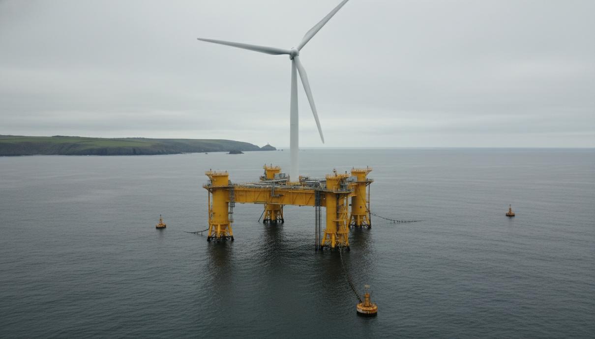 Плавучая платформа морской ветроэнергетической установки в открытом море на фоне неба