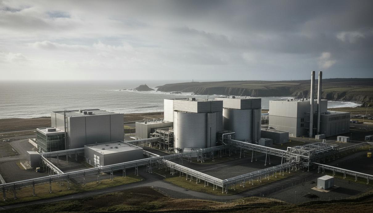 Промышленный объект с малым модульным ядерным реактором на побережье в Уилфе на фоне облачного неба