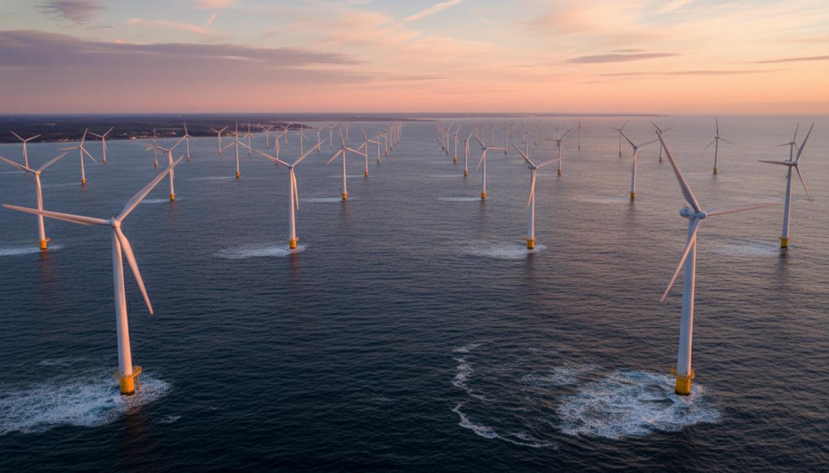 Vineyard Wind оспаривает в суде разрыв контракта с GE Vernova Морские ветряные турбины в открытом океане у побережья Массачусетса в вечернем свете