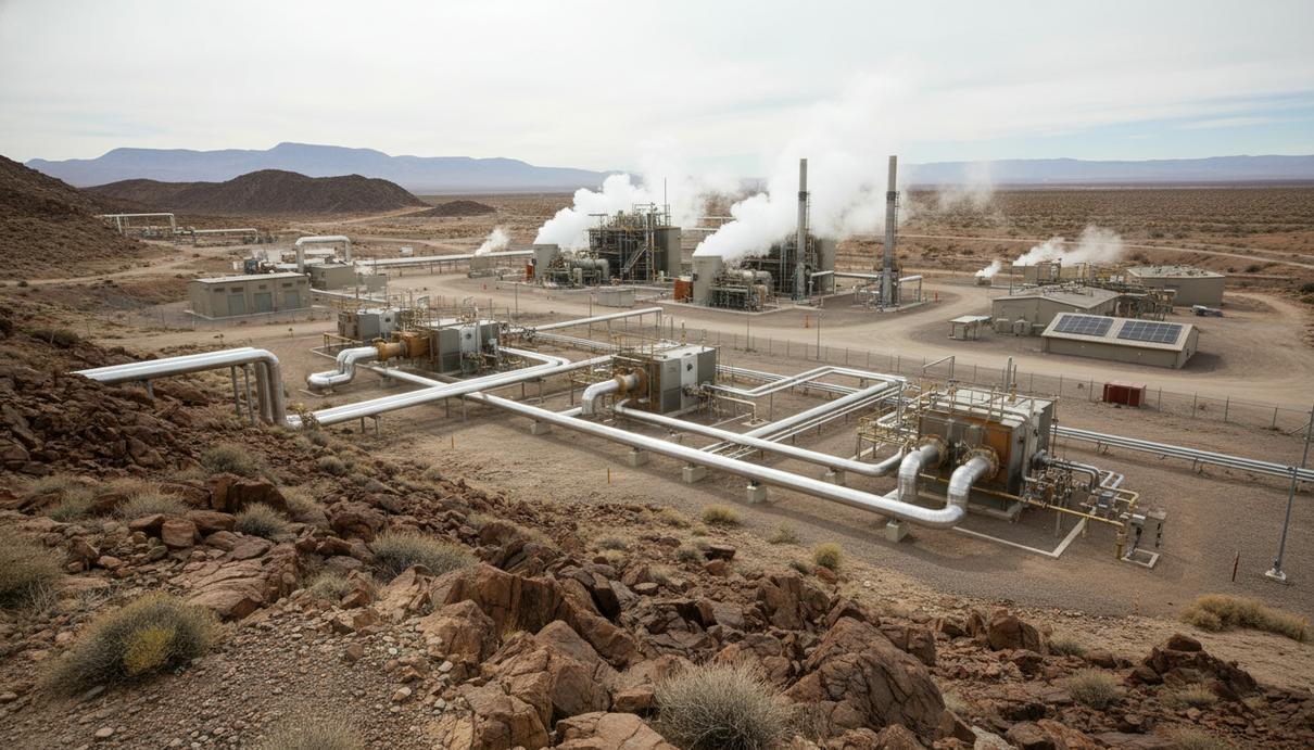 В Калифорнии построят геотермальные станции мощностью 115 МВт Геотермальная энергетическая установка и сеть промышленных труб в засушливой горной местности