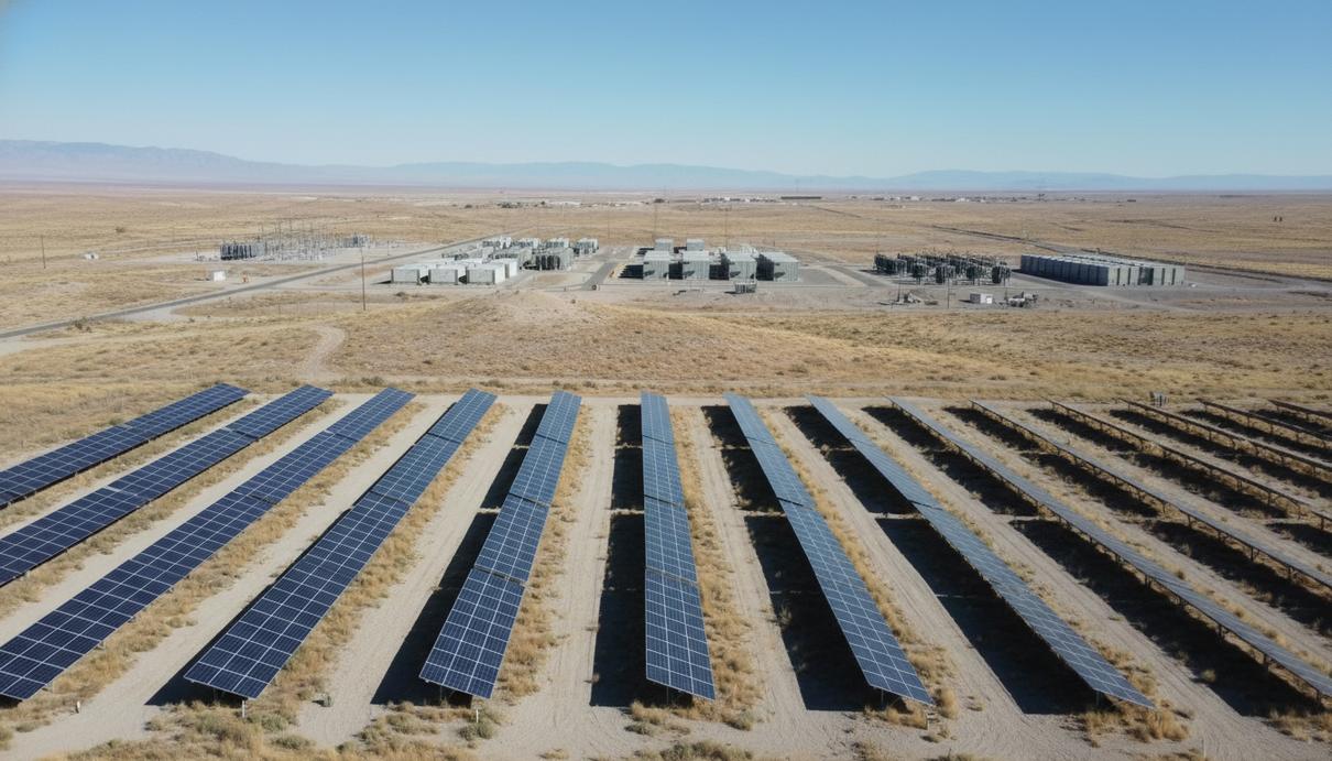 Blackstone инвестирует в европейского интегратора солнечной энергетики Sunotec Ряды солнечных батарей и блоки систем хранения энергии на фоне открытой равнины под ясным небом