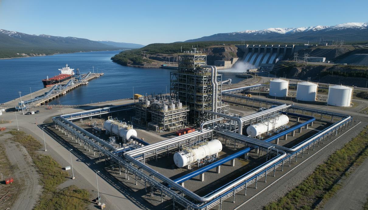 Промышленный завод с резервуарами для хранения водорода и причалом в глубоководном порту