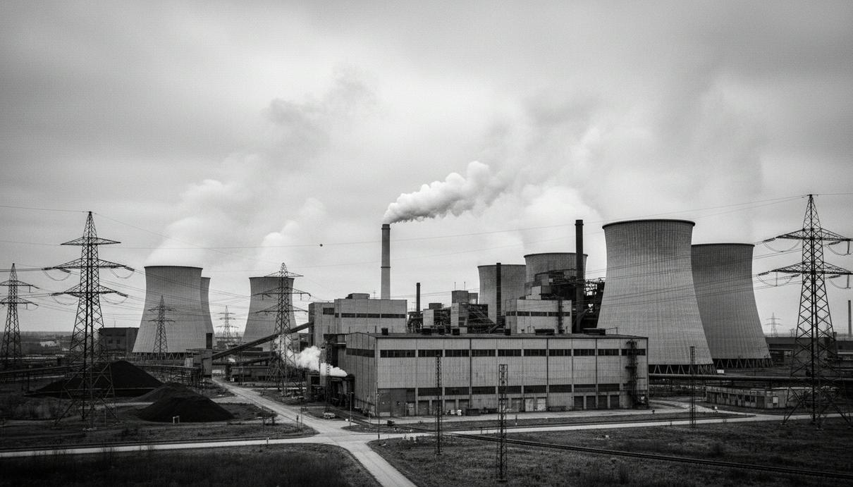 Промышленный район с трубами завода и линиями электропередачи под пасмурным небом