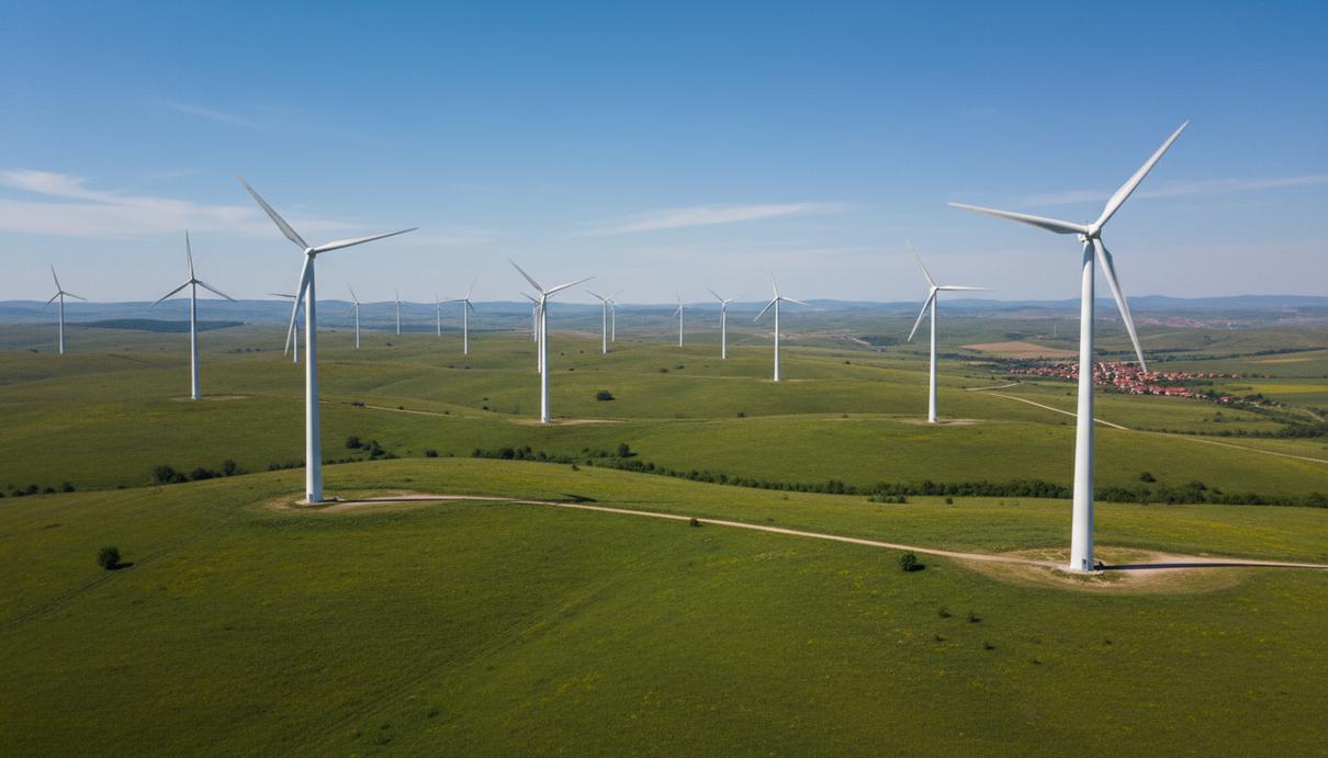 Современные белые ветрогенераторы на зеленых холмах в Болгарии под чистым небом.