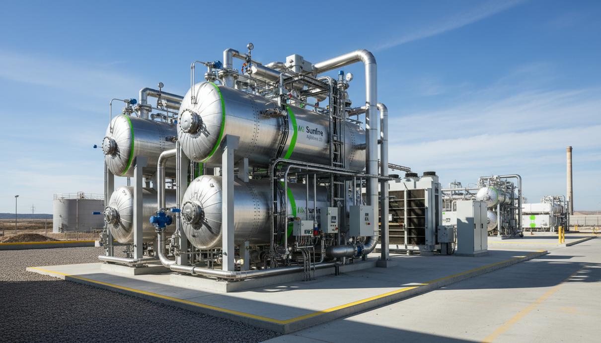 Sunfire представила модуль электролиза на 50 МВт для водородных проектов Промышленный модульный щелочной электролизер на открытой площадке предприятия по производству водорода.