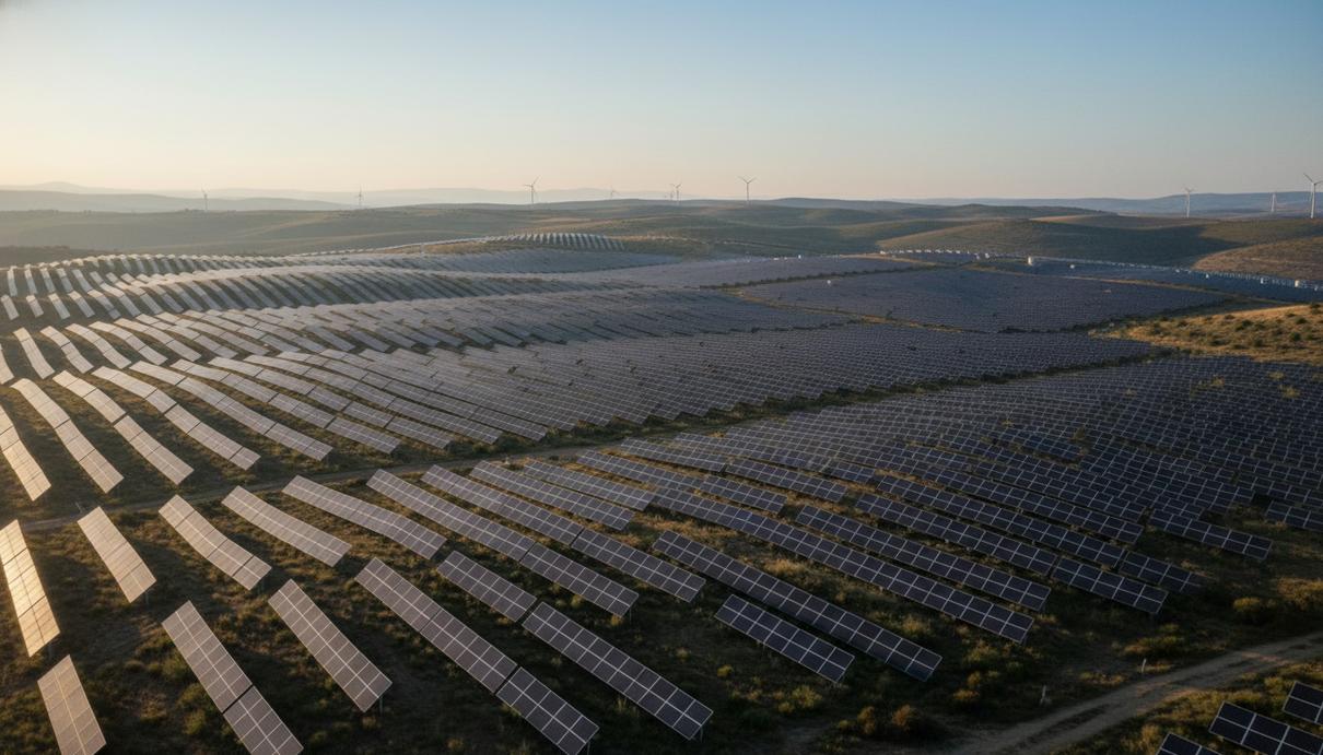 Luxcara завершила финансирование проекта солнечной электростанции в Греции Ряды солнечных панелей на трекерных системах в холмистой местности региона Козани в Греции