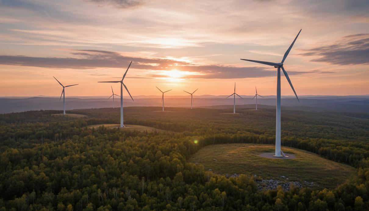Ряд современных ветрогенераторов на лесистых холмах Квебека в лучах закатного солнца