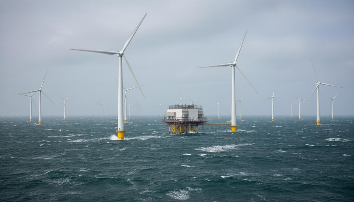Морские ветряные турбины и технологическая платформа в Северном море на фоне облачного неба.