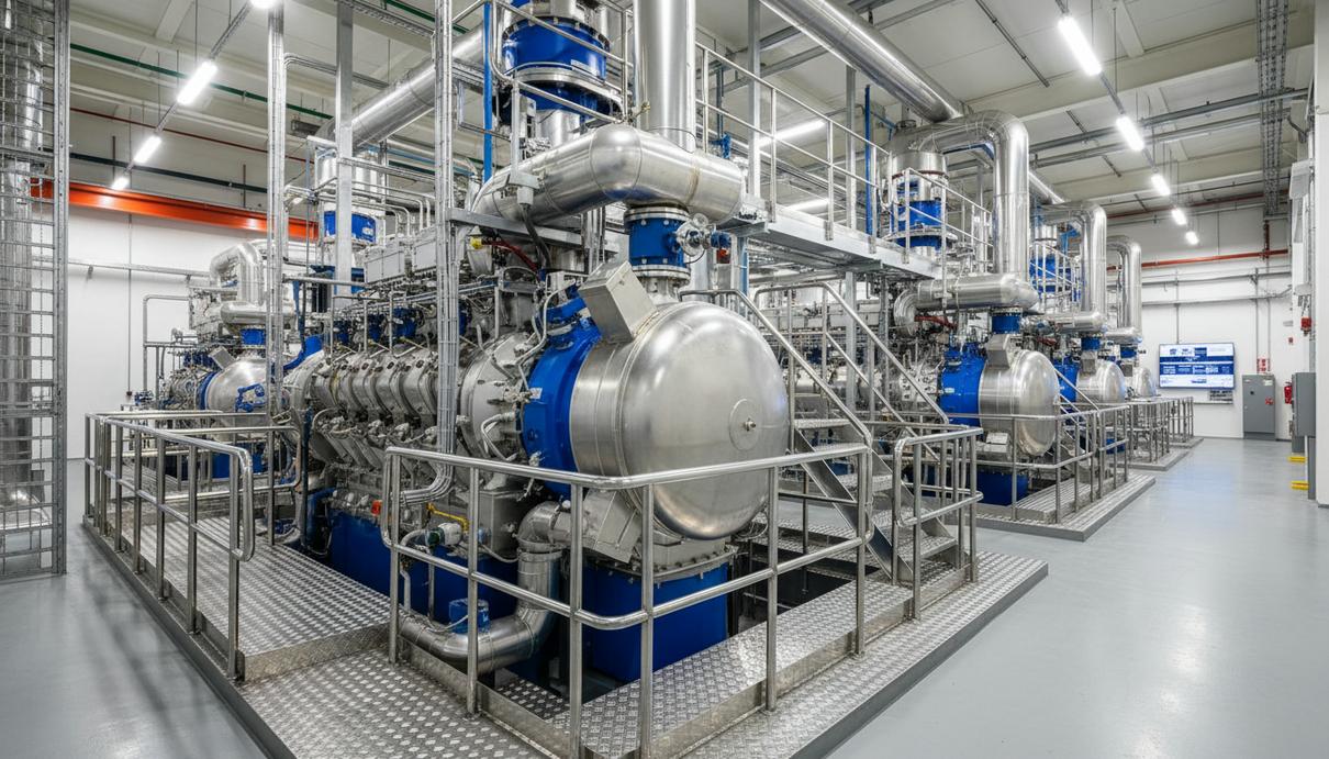 Ряды крупных газопоршневых двигателей в светлом машинном зале промышленной электростанции