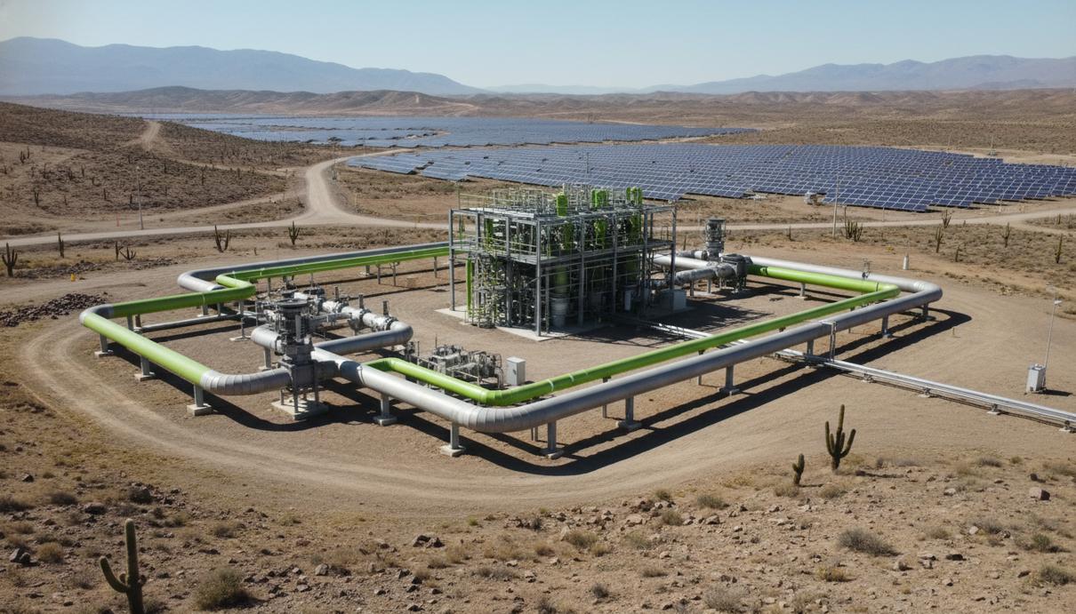 Установка электролиза и промышленные газовые трубы на фоне холмистого пейзажа Чили