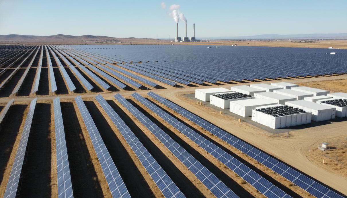 Масштабное поле солнечных панелей и белые контейнеры промышленных аккумуляторов на фоне горного пейзажа