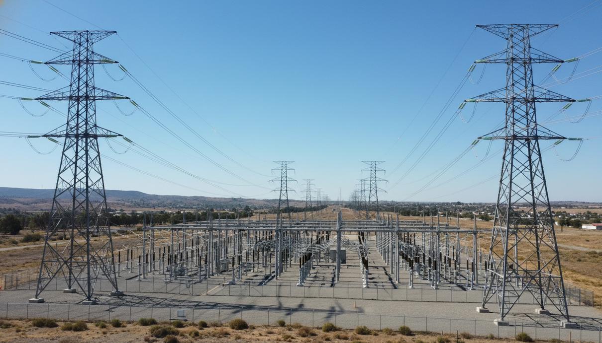 Промышленная электроподстанция с высоковольтными линиями передач и опорами на фоне неба