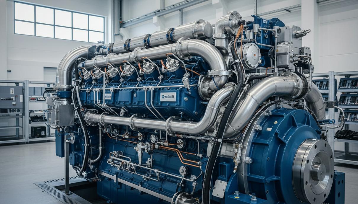 Современный судовой четырехтактный двигатель в чистом промышленном помещении со сложной системой труб.