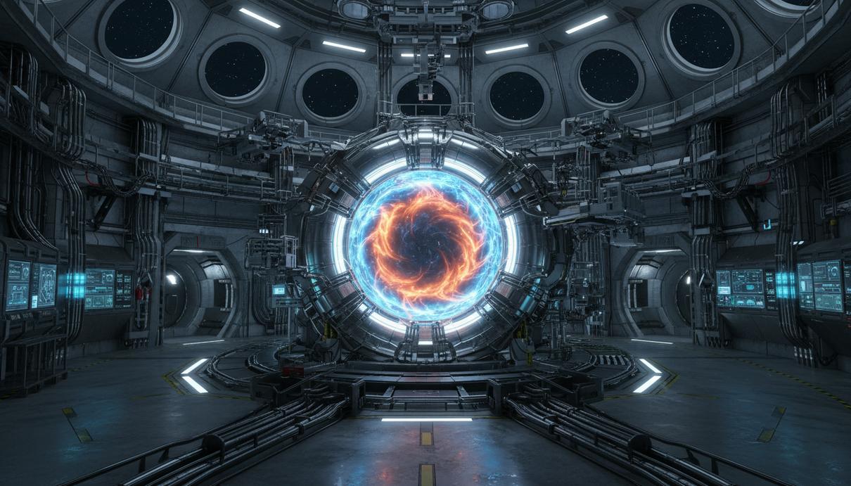 Внутренняя часть термоядерного реактора токамак со сложными инженерными системами и кабелями