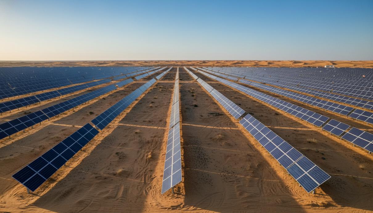 Ряды солнечных панелей электростанции в пустынной местности Туниса под ясным небом