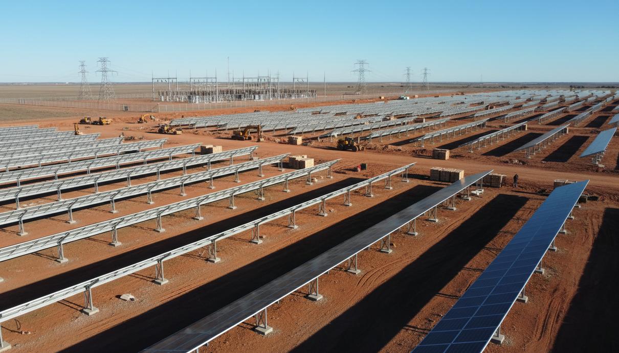 Ряды солнечных панелей на подвижных опорах строящейся электростанции в уругвайской провинции.