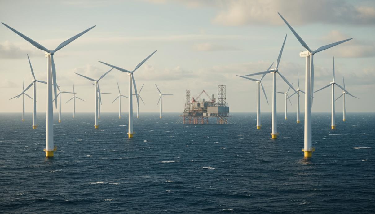 Промышленные морские ветрогенераторы и трансформаторная платформа в открытом море
