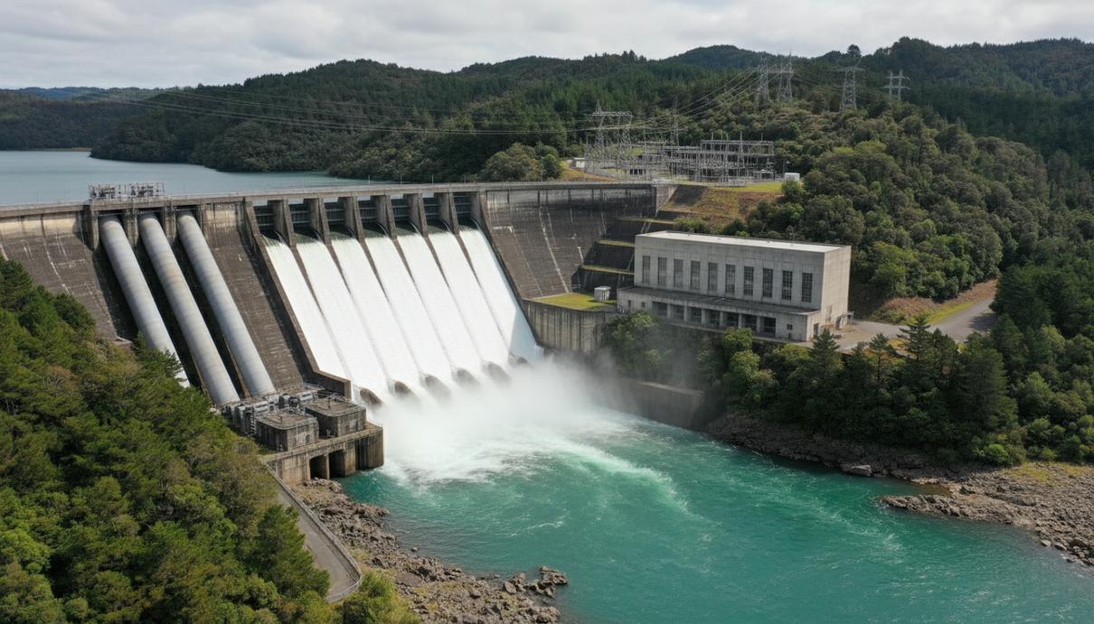 Вид на плотину гидроэлектростанции и здание машинного зала на широкой реке в окружении зеленых холмов.