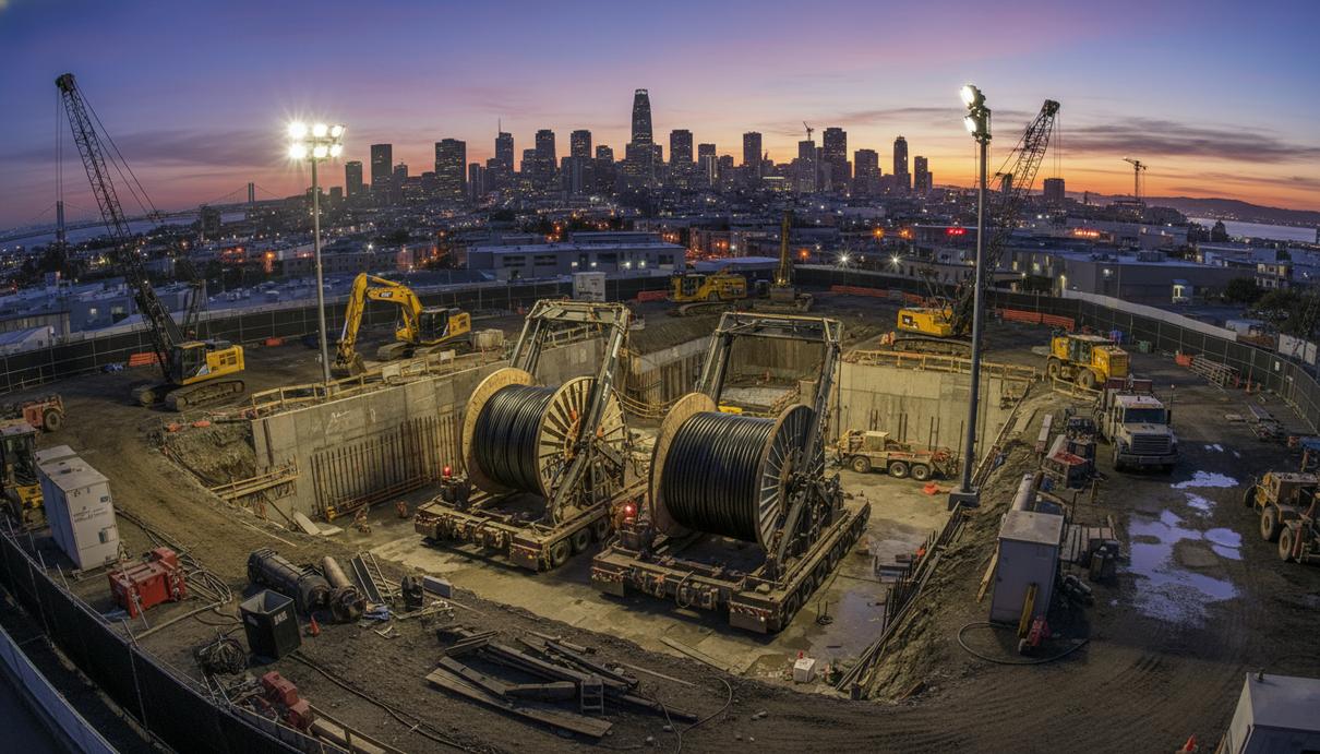Процесс прокладки подземных электрических сетей в городской черте с использованием крупных кабельных катушек