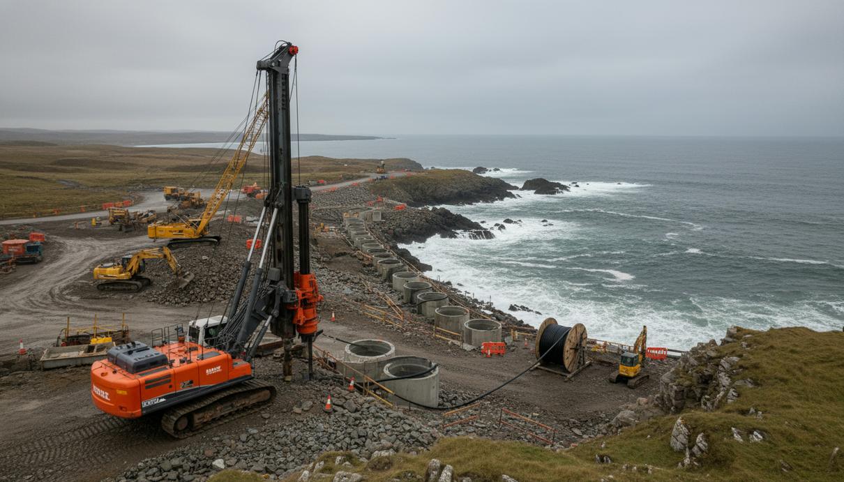 Строительная площадка на берегу моря с установками для бурения и прокладки кабельных каналов