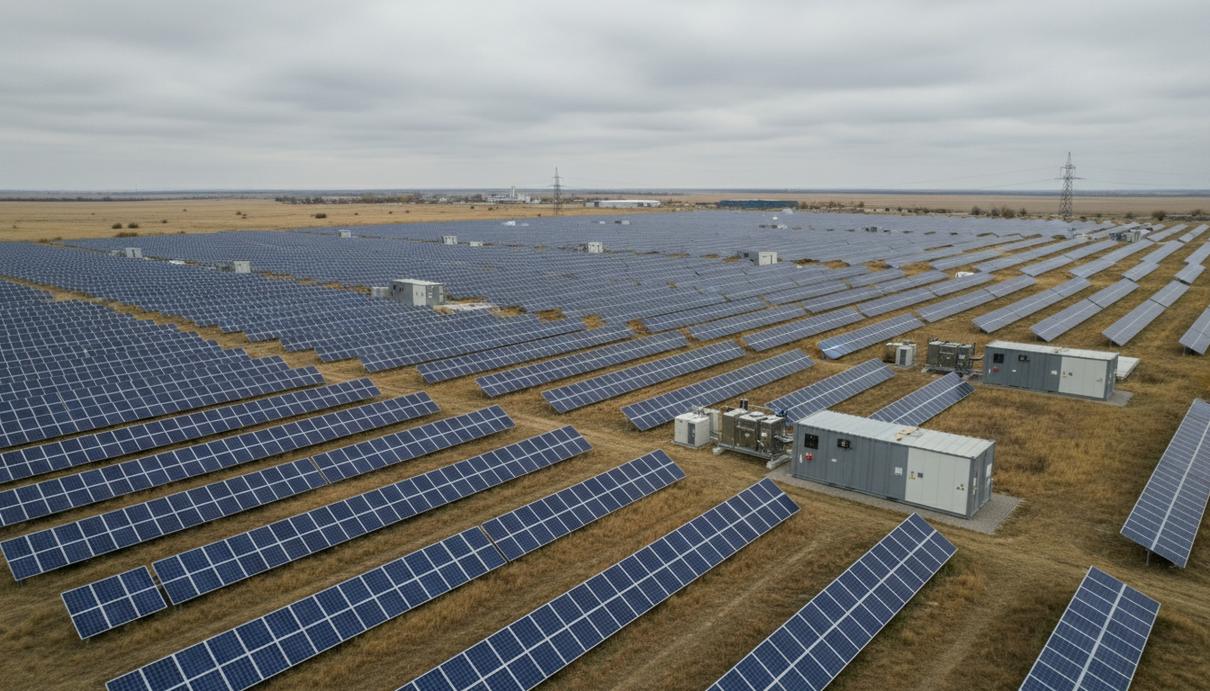 Ряды солнечных панелей и промышленные контейнеры системы накопления энергии на открытой местности