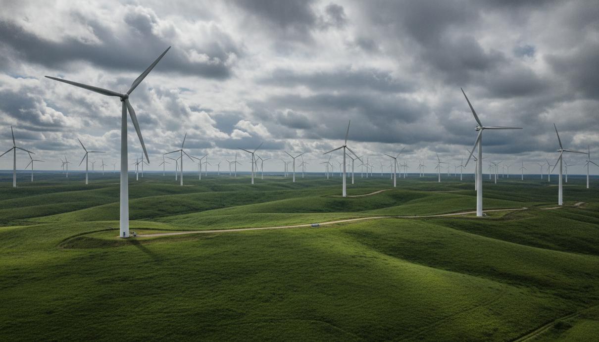 Белые ветряные генераторы на зеленых холмах под пасмурным небом.