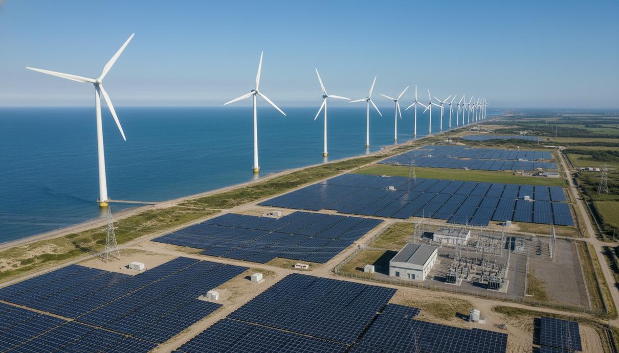 Морская ветряная электростанция и солнечные панели на побережье на фоне горизонта