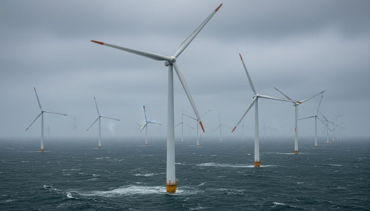 Ряд морских ветрогенераторов в открытом море под облачным небом.