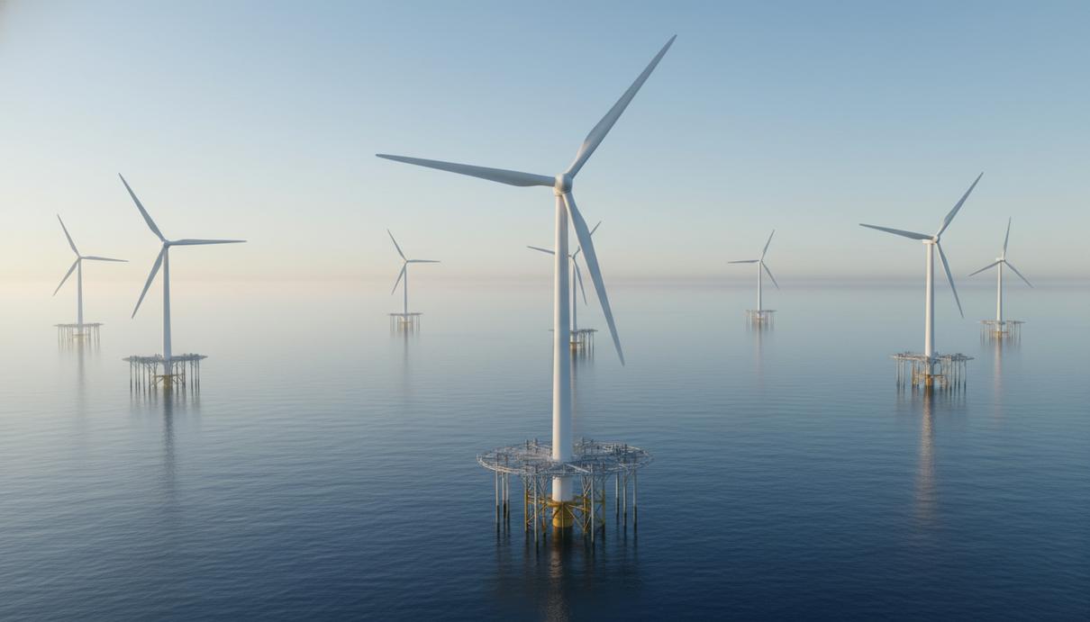 Современные плавучие ветрогенераторы в открытом море на фоне предрассветного тумана