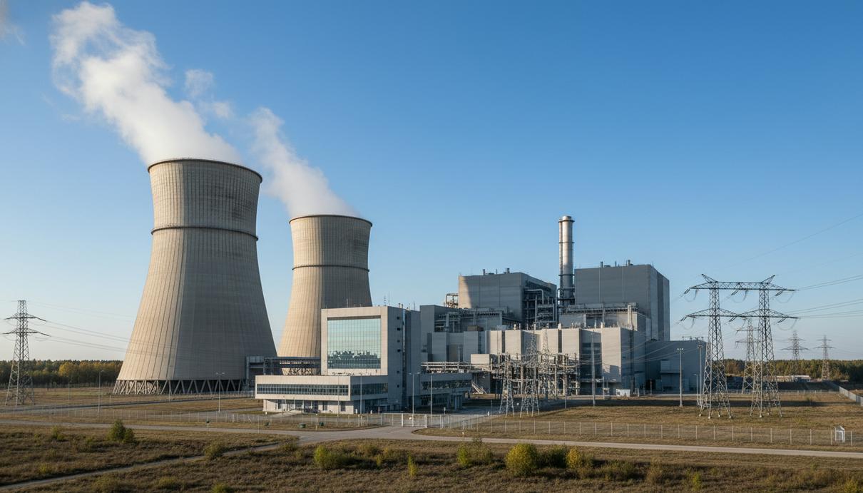 Промышленный вид на градирни и корпуса атомной электростанции Темелин в Чехии