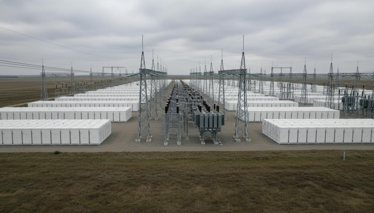 Ряды промышленных контейнеров системы накопления энергии и линии электропередачи на открытой местности