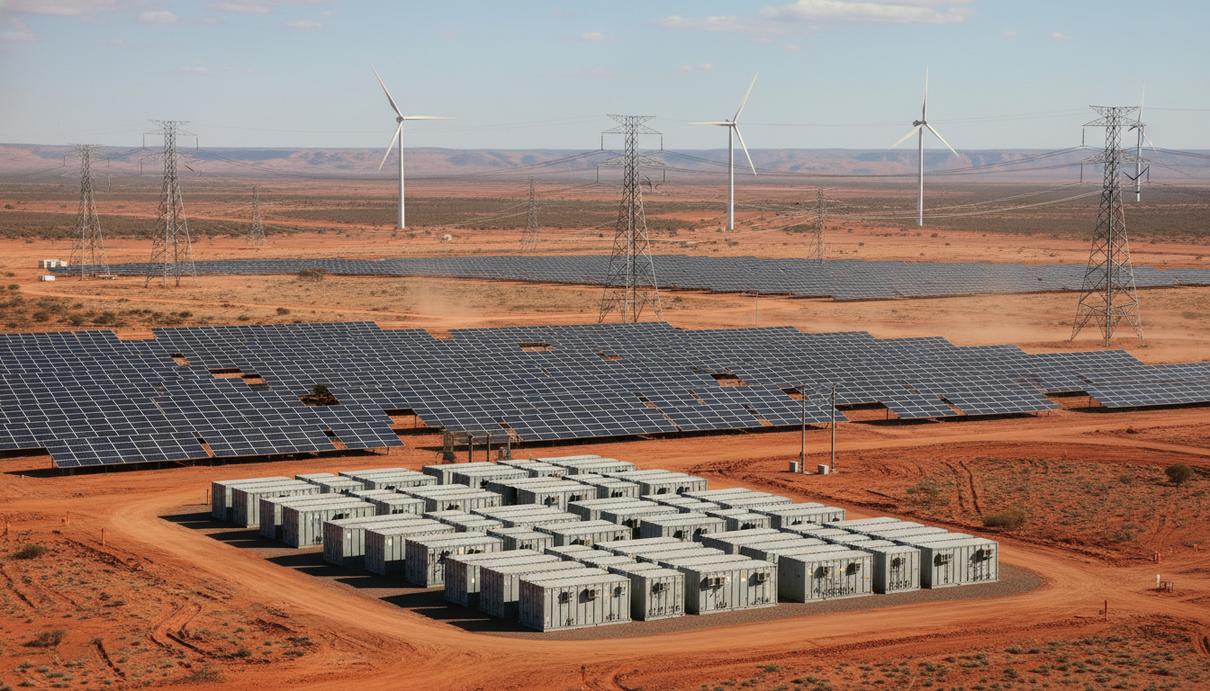 Солнечные панели, ветрогенераторы и промышленные аккумуляторы в пустынном регионе Австралии.