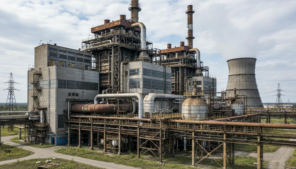 Промышленные конструкции и трубопроводы на территории современной тепловой электростанции.