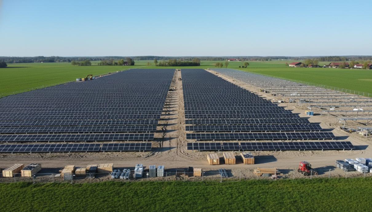 Ряды солнечных панелей на фоне зеленого ландшафта и чистого неба в сельской местности Баварии.