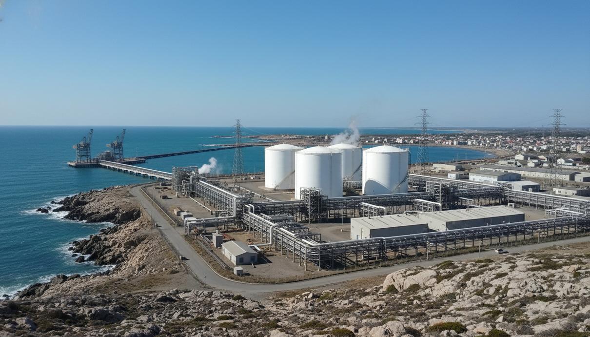 Промышленный объект с крупными белыми резервуарами для хранения СПГ и сетью трубопроводов на фоне неба.