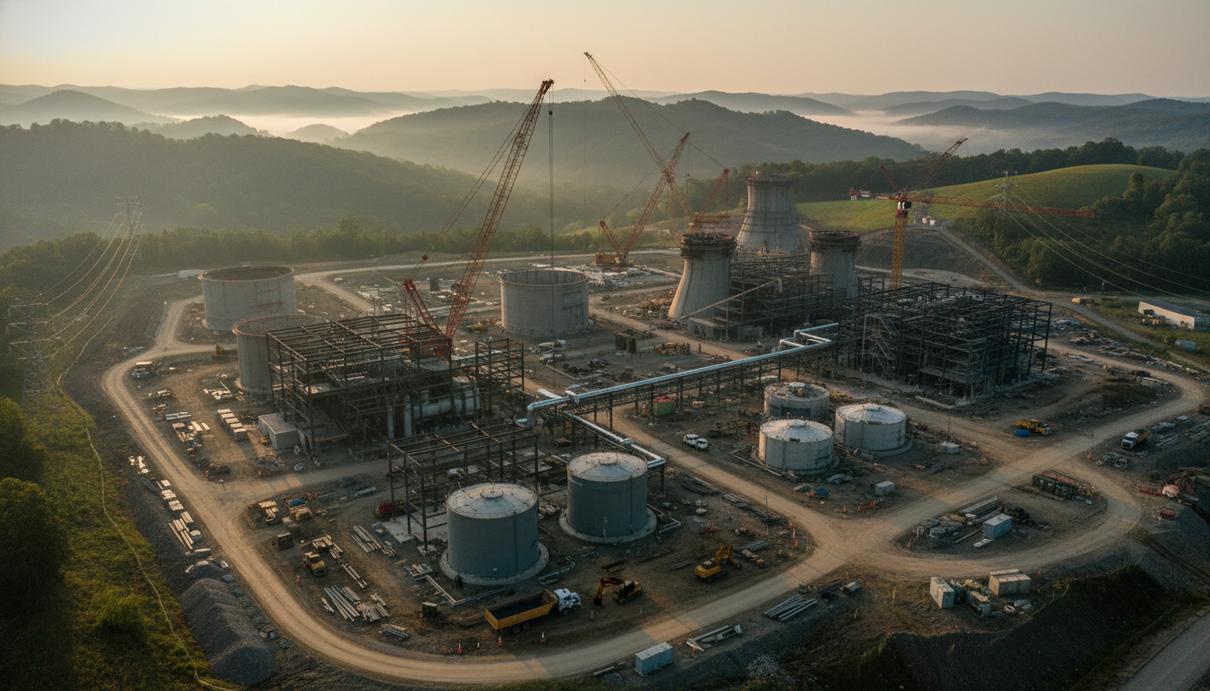 Строительство современной газовой электростанции с промышленными конструкциями на фоне природы