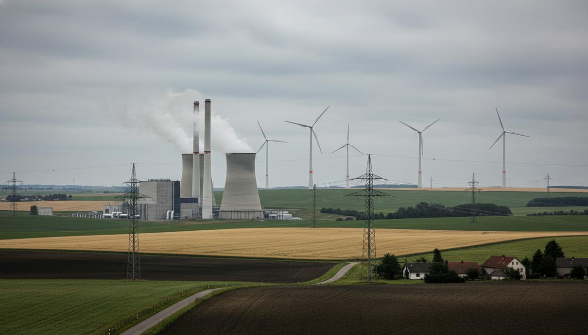 Газовая электростанция и ветрогенераторы на фоне линий электропередачи в сельской местности Германии.