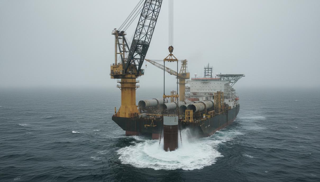 Специализированное судно Orion устанавливает массивное стальное основание ветрогенератора в открытом море