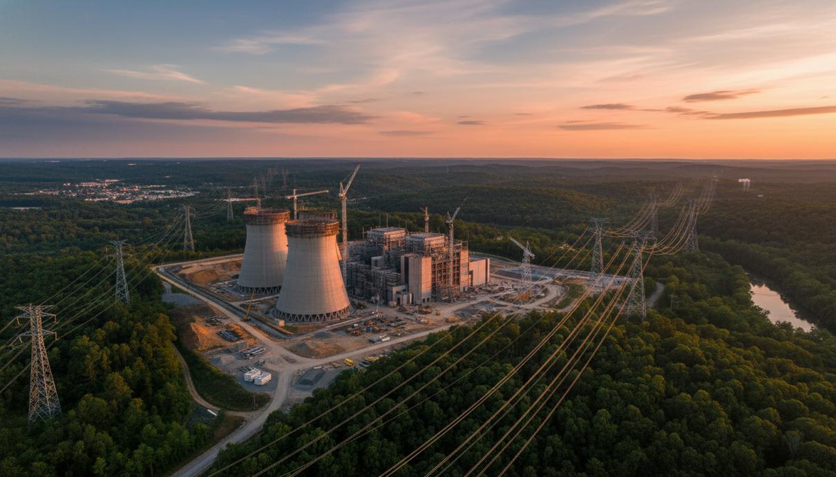 Электрическая подстанция и линии электропередачи на фоне природного ландшафта штата Вирджиния