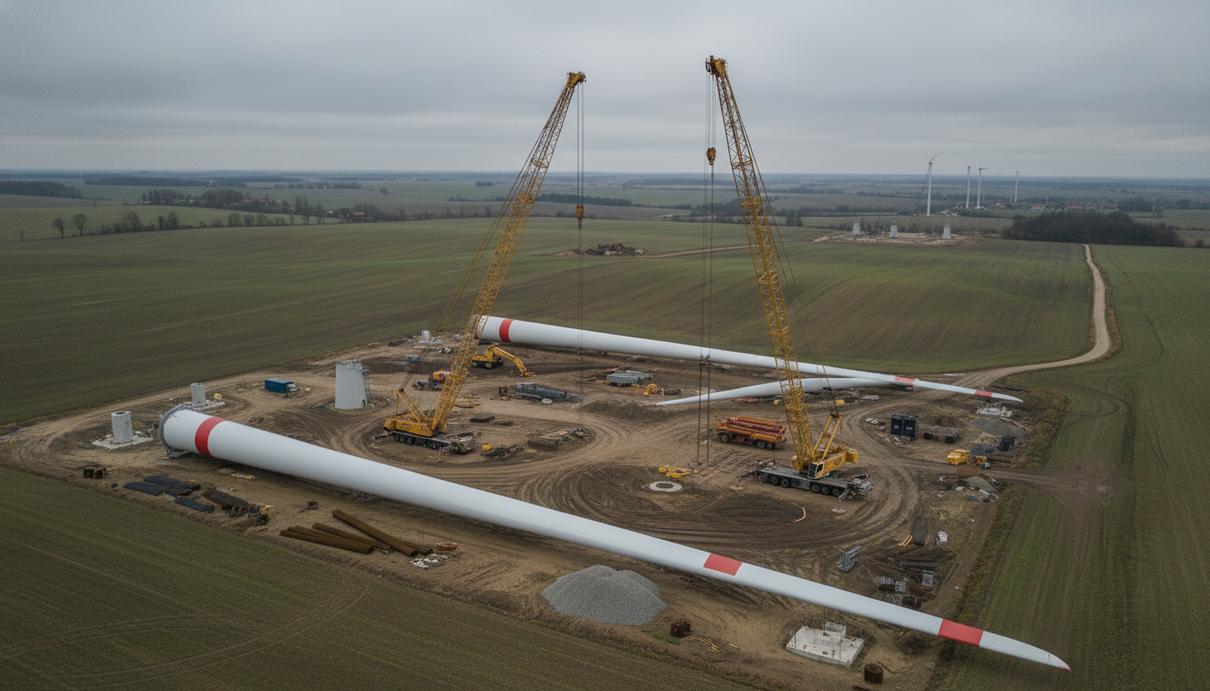 Процесс строительства ветропарка с секциями турбин и подъемными кранами на равнине в Литве.