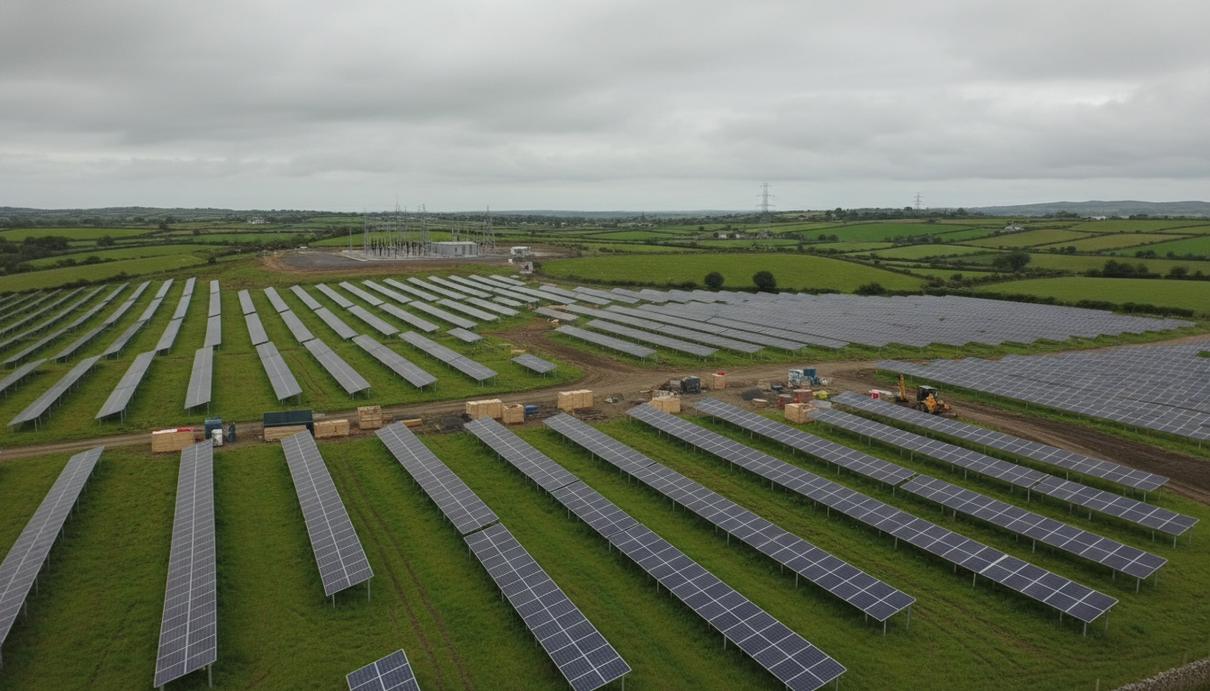 Ряды солнечных панелей на фоне зеленых холмов Ирландии под пасмурным небом.