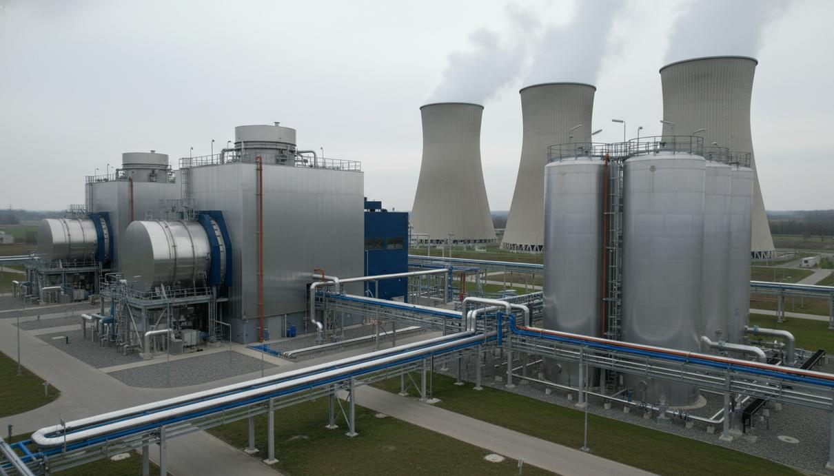 Современная электростанция с газовыми турбинами и промышленными трубопроводами в Баварии