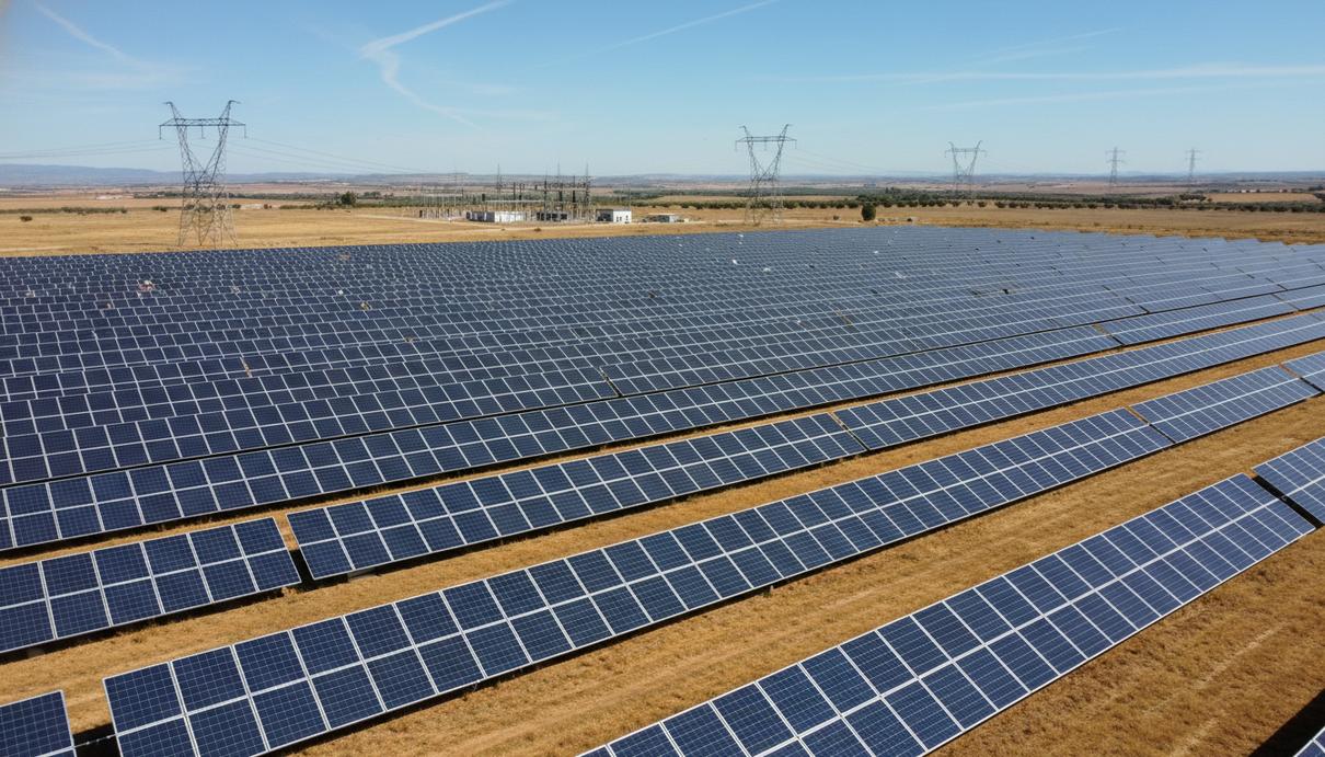 Matrix Renewables ввела в эксплуатацию две солнечные станции в Испании Ряды фотоэлектрических панелей крупной солнечной электростанции на открытой местности под голубым небом.