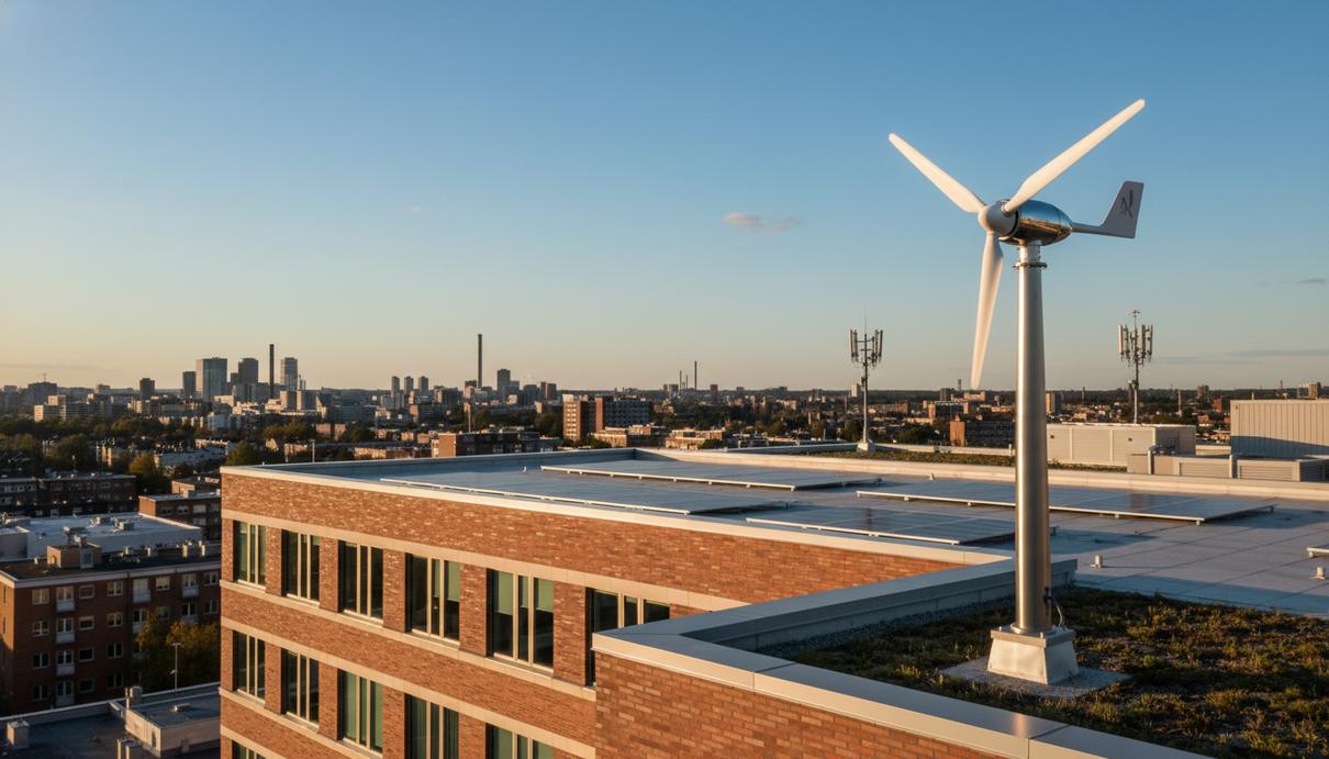 AirPlus Renewables представит ветрогенераторы для городских зданий Компактный ветрогенератор установлен на краю плоской крыши современного здания на фоне городского пейзажа.