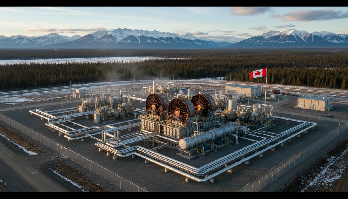 Промышленная компрессорная станция газопровода со стальными трубами на фоне природы Канады