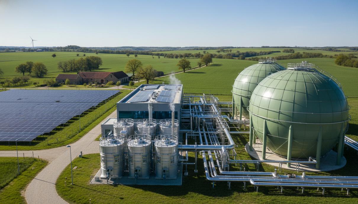 Германия выделит European Energy 228 млн евро на водородный проект в Дании Промышленный комплекс по производству водорода с серебристыми резервуарами и трубопроводами на фоне зеленого поля.