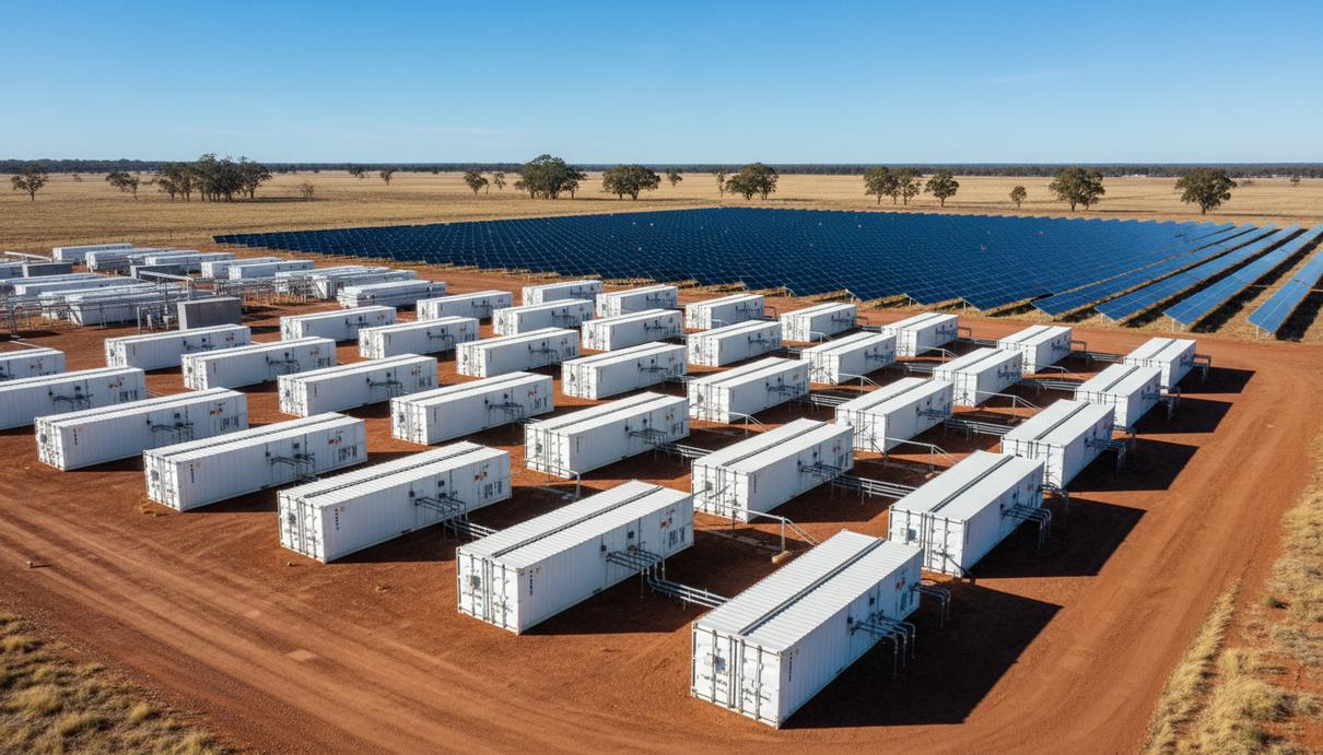 Тайваньская Recharge Power выходит на рынок накопителей энергии Австралии Промышленные накопители энергии в белых контейнерах на фоне солнечных батарей в поле под синим небом