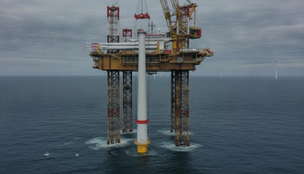 RWE начала монтаж турбин на ВЭС Nordseecluster мощностью 1,6 ГВт Монтажное судно с краном устанавливает гигантскую ветротурбину в открытом море на фоне облачного неба.