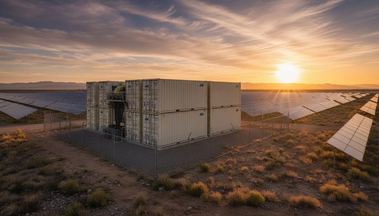 ABB выводит на рынок инверторы и накопители энергии Proteus Контейнерная система накопления энергии на фоне большой солнечной электростанции во время заката.